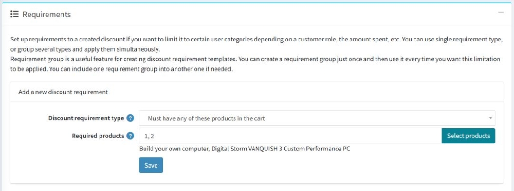 product based discount condition requirement setting page